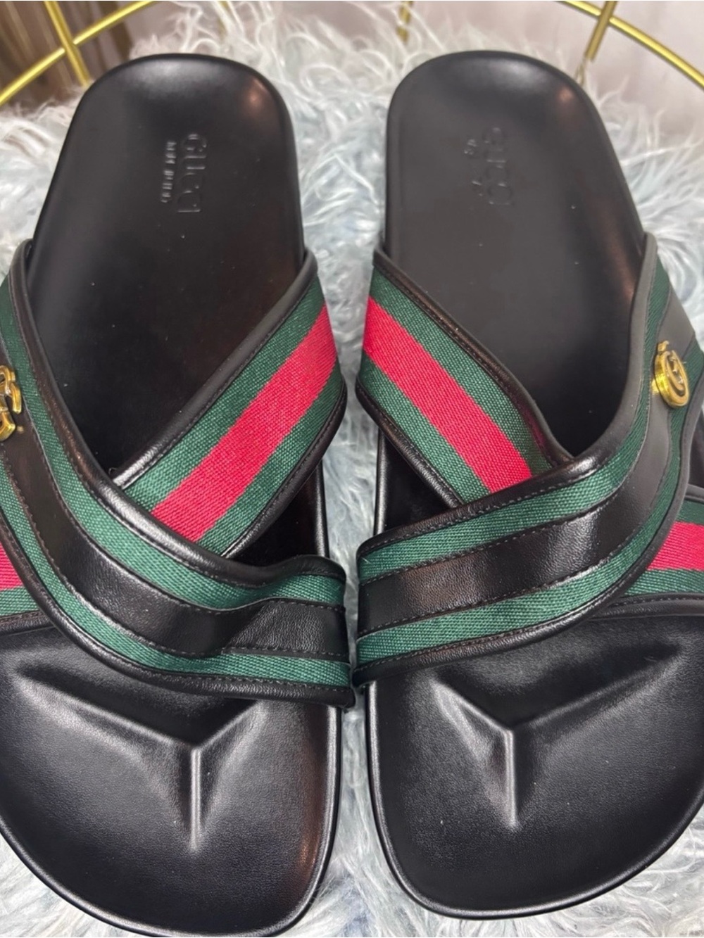 Source Unknown Black Sandals with Green and Red Stripes